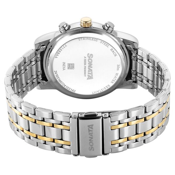 Sonata 77158BM01 Quartz Multifunction Black Dial Two-Tone Stainless Steel Watch for Men