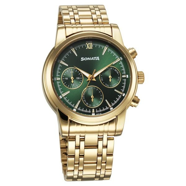 Sonata 77158YM01 Quartz Analog Festive Green Dial Stainless Steel Watch for Men