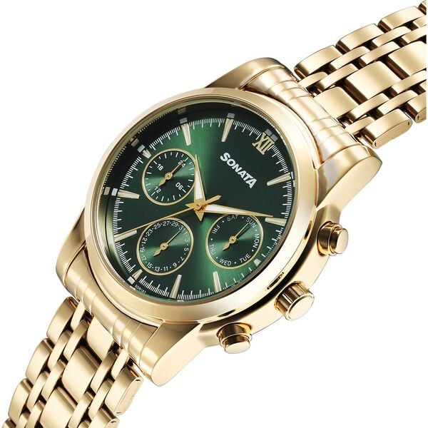 Sonata 77158YM01 Quartz Analog Festive Green Dial Stainless Steel Watch for Men