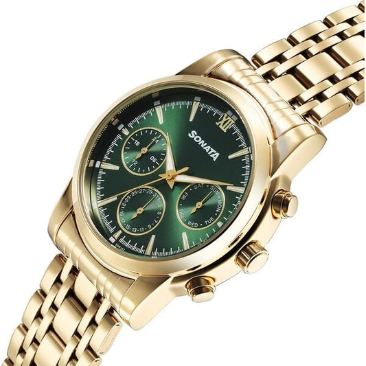 Sonata 77158YM01 Quartz Analog Festive Green Dial Stainless Steel Watch for Men