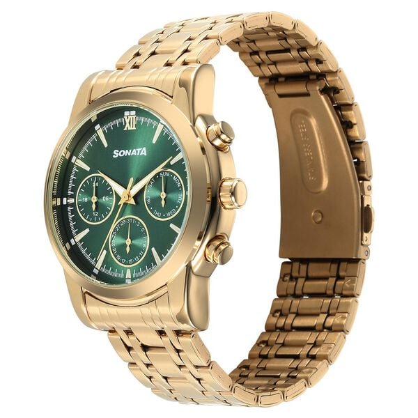 Sonata 77158YM01 Quartz Analog Festive Green Dial Stainless Steel Watch for Men