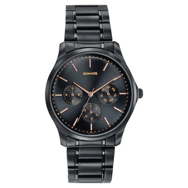 Sonata 77163NM02 Axis Quartz Analog Multifunction Black Dial Black Metal Strap Men's Watch