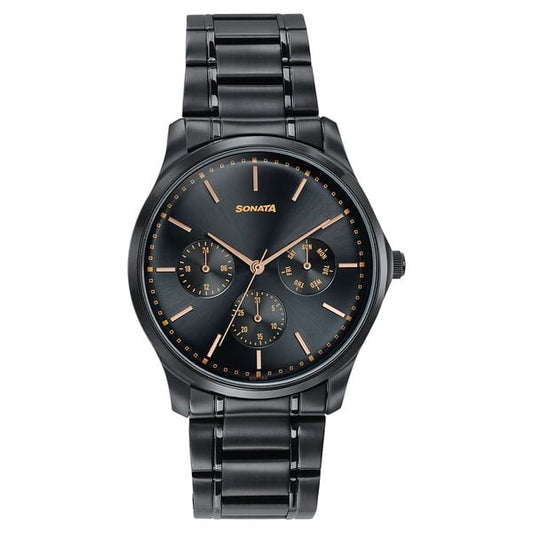 Sonata 77163NM02 Axis Quartz Analog Multifunction Black Dial Black Metal Strap Men's Watch