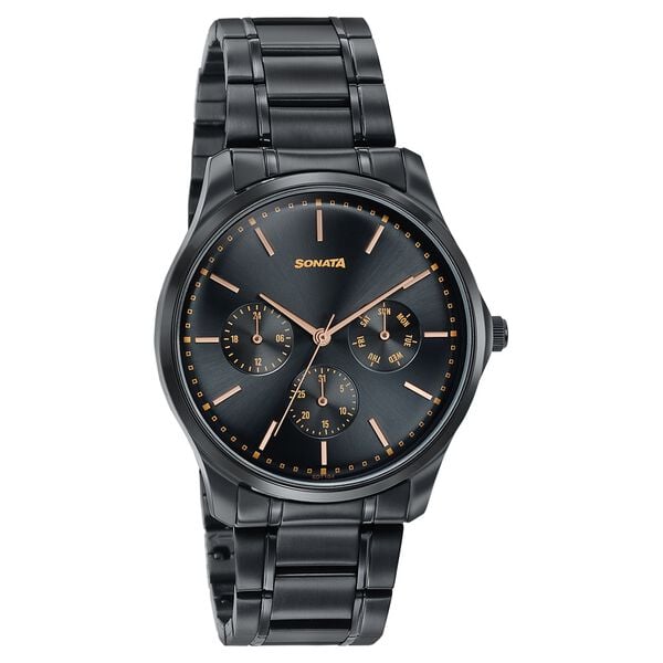 Sonata 77163NM02 Axis Quartz Analog Multifunction Black Dial Black Metal Strap Men's Watch