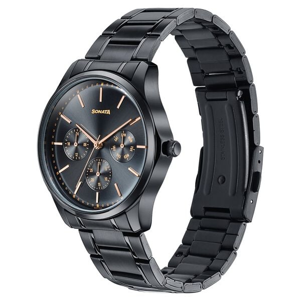 Sonata 77163NM02 Axis Quartz Analog Multifunction Black Dial Black Metal Strap Men's Watch