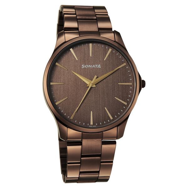 Sonata 77163QM01W Men’s Brown Dial Gold-Tone Metal Analog Quartz Watch