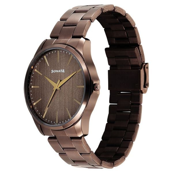 Sonata 77163QM01W Men’s Brown Dial Gold-Tone Metal Analog Quartz Watch