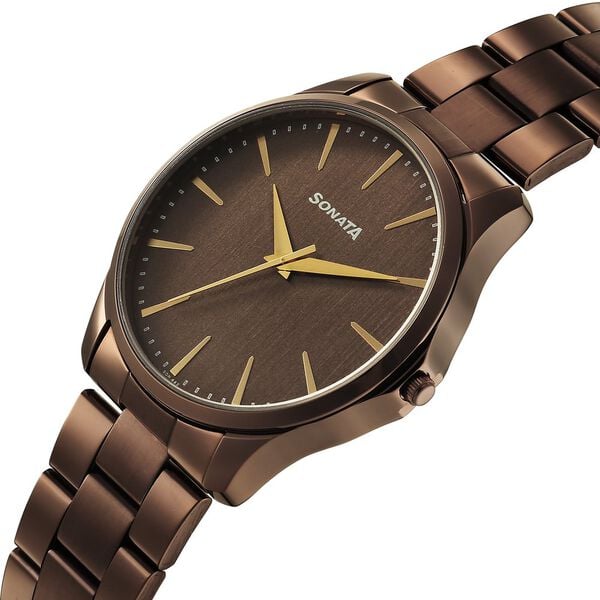 Sonata 77163QM01W Men’s Brown Dial Gold-Tone Metal Analog Quartz Watch