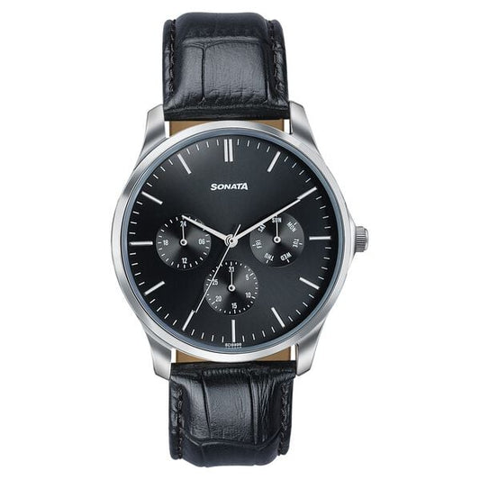 Sonata 77163SL02 Axis Quartz Analog Multifunction Black Dial Black Leather Strap Men's Watch