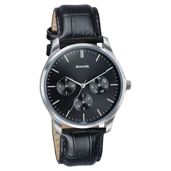 Sonata 77163SL02 Axis Quartz Analog Multifunction Black Dial Black Leather Strap Men's Watch