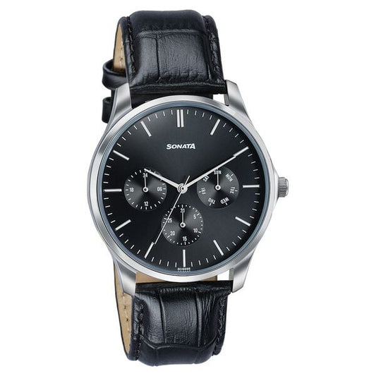 Sonata 77163SL02 Axis Quartz Analog Multifunction Black Dial Black Leather Strap Men's Watch
