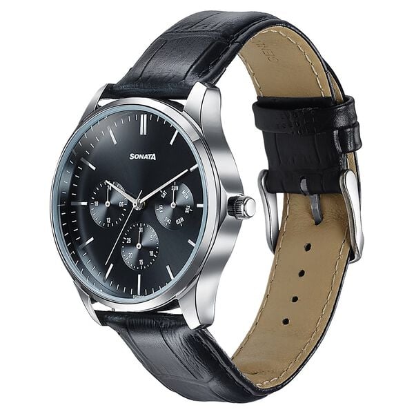 Sonata 77163SL02 Axis Quartz Analog Multifunction Black Dial Black Leather Strap Men's Watch