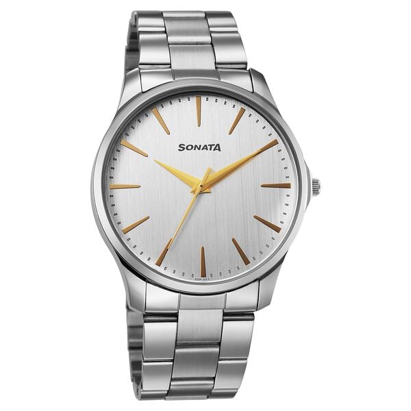 Sonata 77163SM02W Traditional Essentials Quartz Analog Silver Dial Stainless Steel Strap Watch for Men