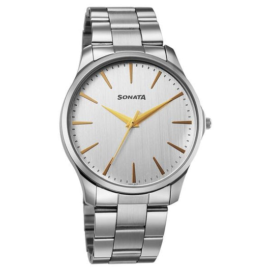 Sonata 77163SM02W Traditional Essentials Quartz Analog Silver Dial Stainless Steel Strap Watch for Men