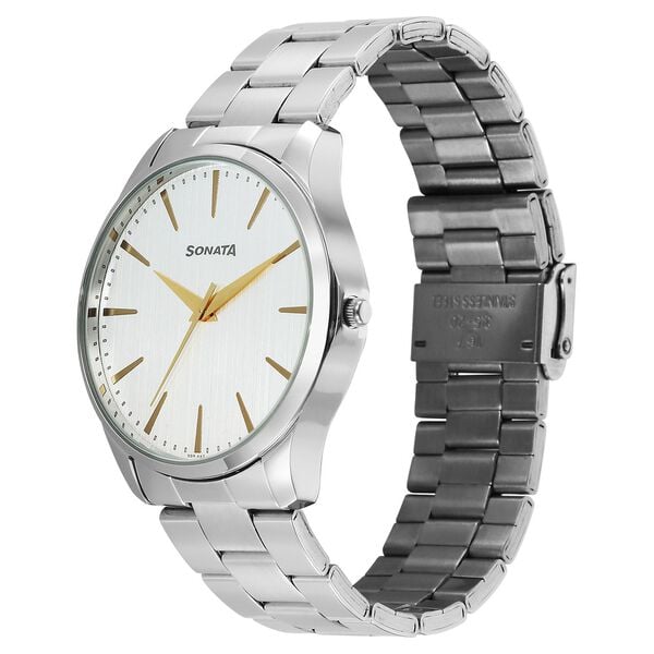 Sonata 77163SM02W Traditional Essentials Quartz Analog Silver Dial Stainless Steel Strap Watch for Men