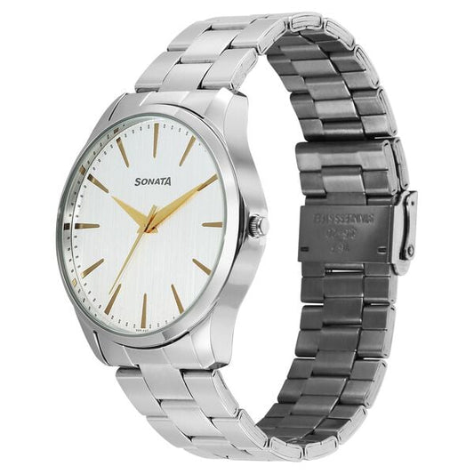 Sonata 77163SM02W Traditional Essentials Quartz Analog Silver Dial Stainless Steel Strap Watch for Men