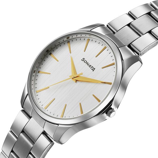 Sonata 77163SM02W Traditional Essentials Quartz Analog Silver Dial Stainless Steel Strap Watch for Men