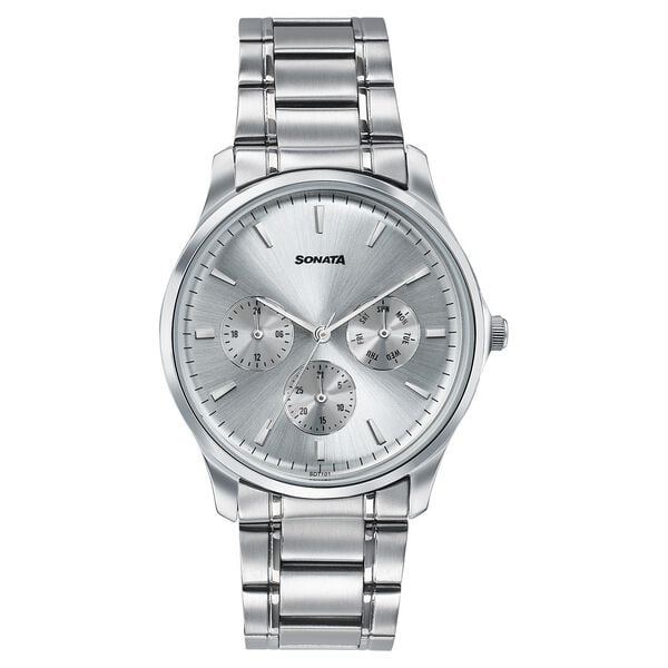 Sonata 77163SM03 Axis Quartz Analog Multifunction Silver Dial Silver Stainless Steel Men's Watch