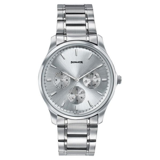 Sonata 77163SM03 Axis Quartz Analog Multifunction Silver Dial Silver Stainless Steel Men's Watch
