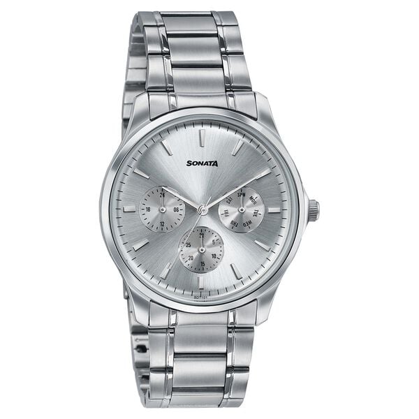Sonata 77163SM03 Axis Quartz Analog Multifunction Silver Dial Silver Stainless Steel Men's Watch