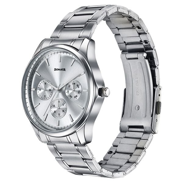 Sonata 77163SM03 Axis Quartz Analog Multifunction Silver Dial Silver Stainless Steel Men's Watch