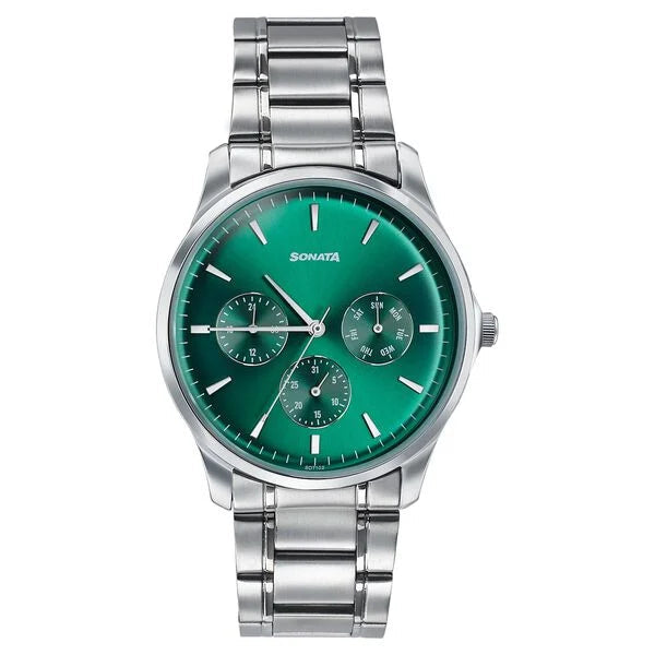 Sonata 77163SM04 Axis Quartz Analog Multifunction Green Dial Silver Stainless Steel Men's Watch