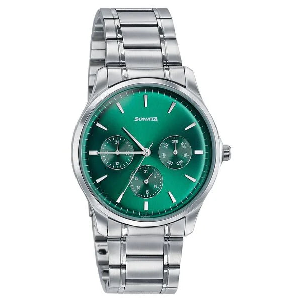 Sonata 77163SM04 Axis Quartz Analog Multifunction Green Dial Silver Stainless Steel Men's Watch