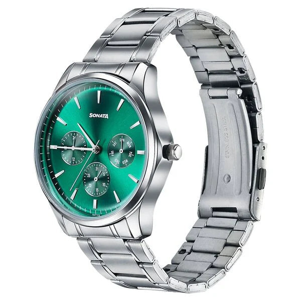 Sonata 77163SM04 Axis Quartz Analog Multifunction Green Dial Silver Stainless Steel Men's Watch