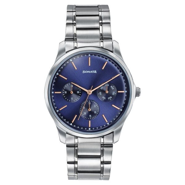 Sonata 77163SM05 Axis Quartz Analog Multifunction Blue Dial Silver Stainless Steel Men's Watch