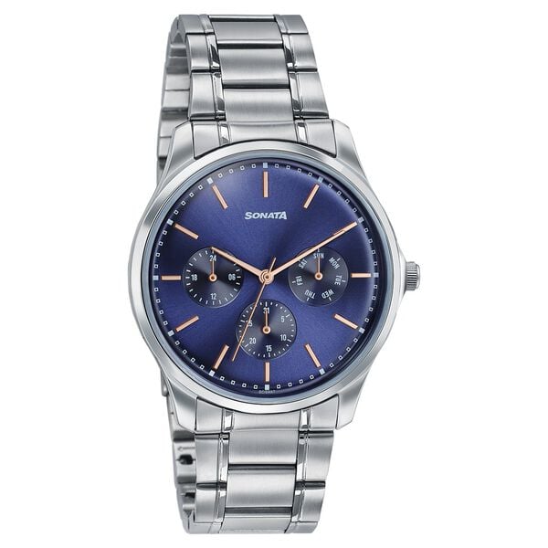 Sonata 77163SM05 Axis Quartz Analog Multifunction Blue Dial Silver Stainless Steel Men's Watch
