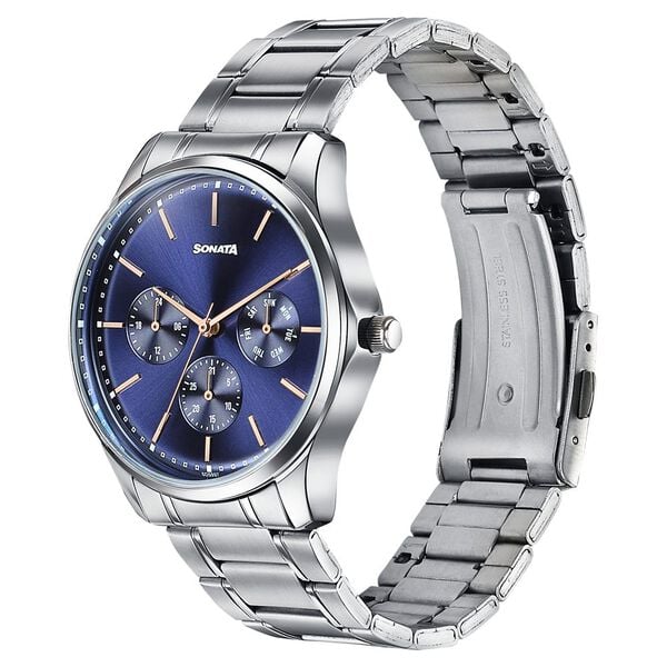 Sonata 77163SM05 Axis Quartz Analog Multifunction Blue Dial Silver Stainless Steel Men's Watch