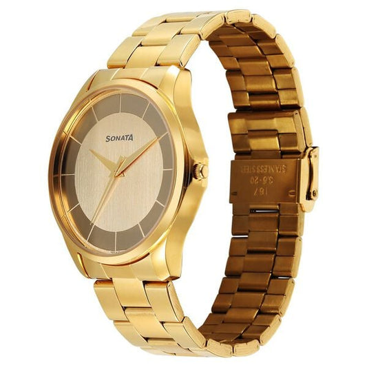 Sonata 77163YM02W Men’s Multicoloured Dial Golden Stainless Steel Analog Quartz Watch