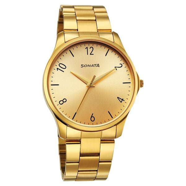 Sonata Traditional Essentials 77163YM03W Quartz Analog Champagne Dial Golden Metal Strap Men’s Watch