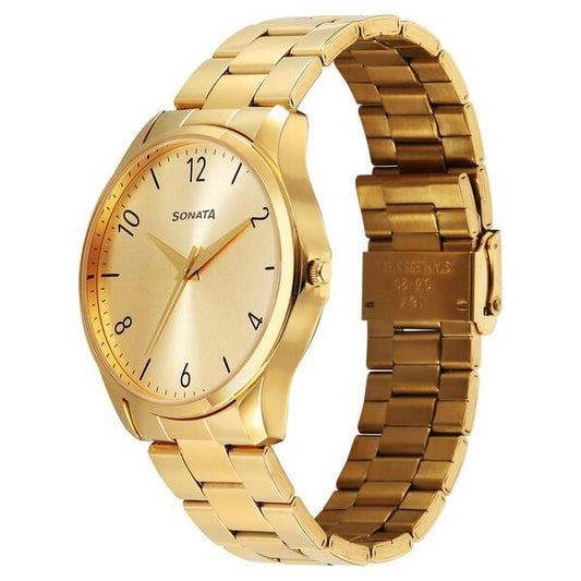 Sonata Traditional Essentials 77163YM03W Quartz Analog Champagne Dial Golden Metal Strap Men’s Watch