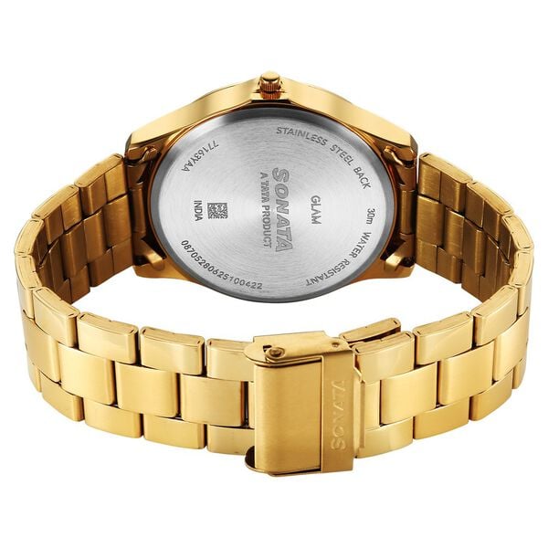 Sonata Traditional Essentials 77163YM03W Quartz Analog Champagne Dial Golden Metal Strap Men’s Watch