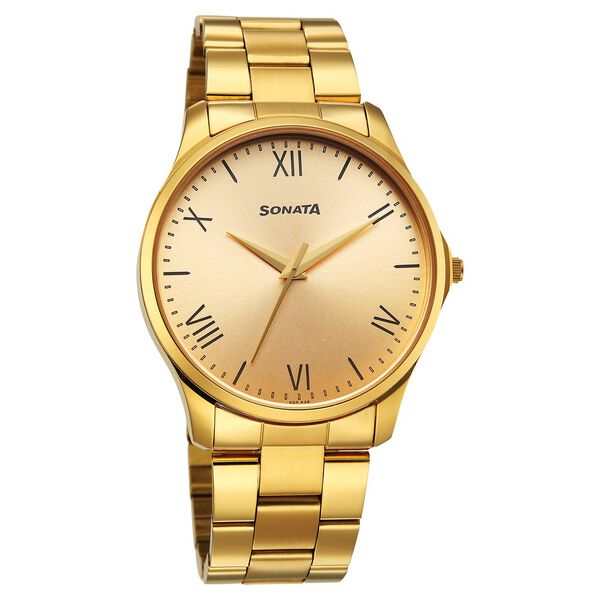 Sonata Traditional Essentials 77163YM04W Quartz Analog Champagne Dial Golden Metal Strap Men’s Watch