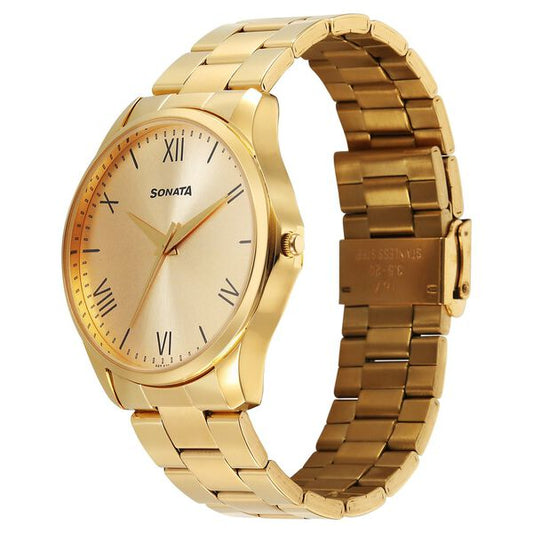 Sonata Traditional Essentials 77163YM04W Quartz Analog Champagne Dial Golden Metal Strap Men’s Watch