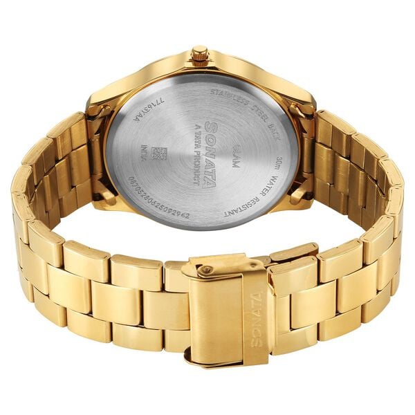 Sonata Traditional Essentials 77163YM04W Quartz Analog Champagne Dial Golden Metal Strap Men’s Watch