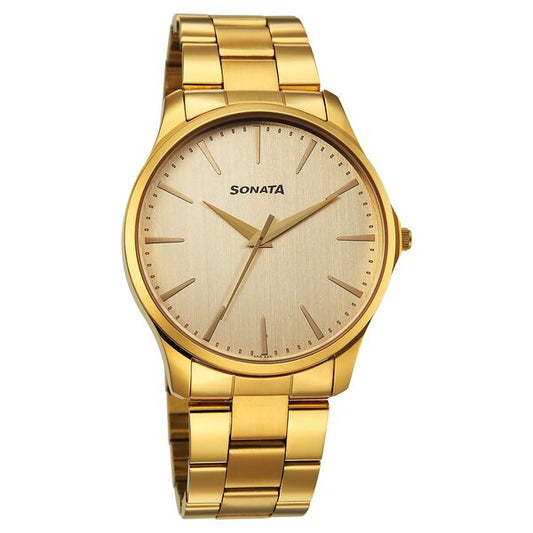 Sonata Traditional Essentials  77163YM05W Quartz Analog Champagne Dial Golden Metal Strap Men’s Watch