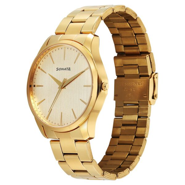 Sonata Traditional Essentials  77163YM05W Quartz Analog Champagne Dial Golden Metal Strap Men’s Watch