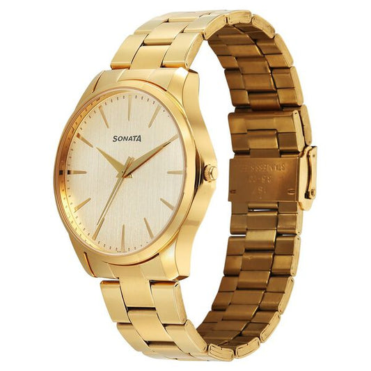 Sonata Traditional Essentials  77163YM05W Quartz Analog Champagne Dial Golden Metal Strap Men’s Watch