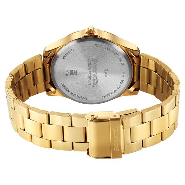 Sonata Traditional Essentials  77163YM05W Quartz Analog Champagne Dial Golden Metal Strap Men’s Watch