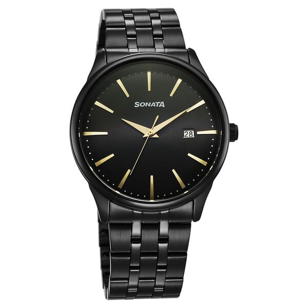 Sonata 77166NM01 Eternia Quartz Analog Black Dial Metal Strap Men’s Watch