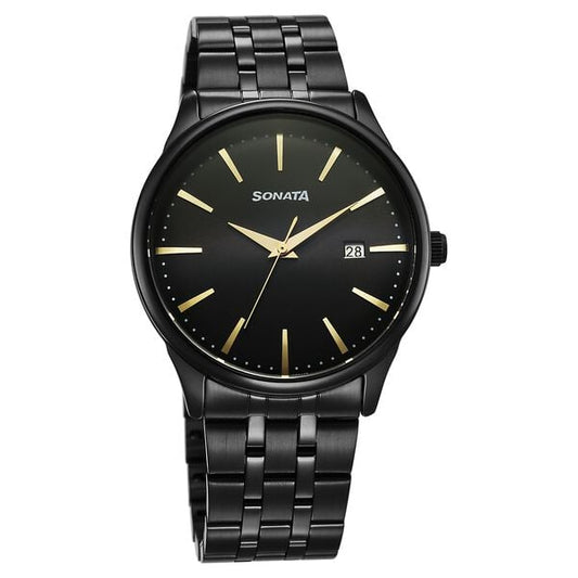 Sonata 77166NM01 Eternia Quartz Analog Black Dial Metal Strap Men’s Watch