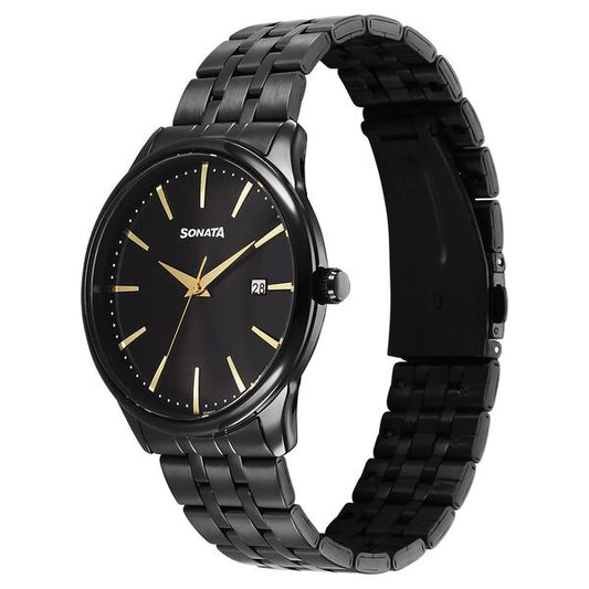 Sonata 77166NM01 Eternia Quartz Analog Black Dial Metal Strap Men’s Watch