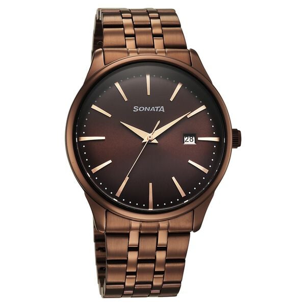 Sonata 77166QM01 Eternia Men’s Quartz Analog Brown Dial Stainless Steel Watch