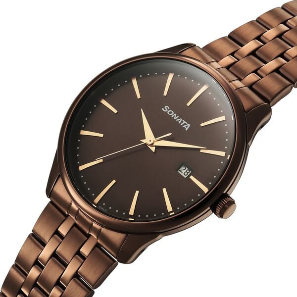Sonata 77166QM01 Eternia Men’s Quartz Analog Brown Dial Stainless Steel Watch