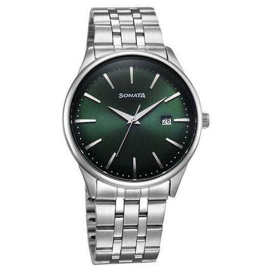 Sonata 77166SM02 Eternia Quartz Analog with Date Men Watch with Green Dial and Silver Metal Strap