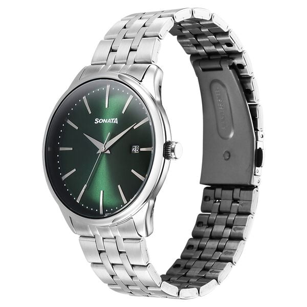 Sonata 77166SM02 Eternia Quartz Analog with Date Men Watch with Green Dial and Silver Metal Strap