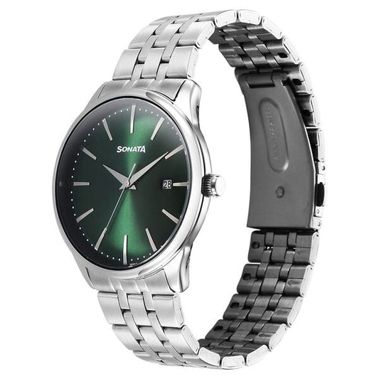 Sonata 77166SM02 Eternia Quartz Analog with Date Men Watch with Green Dial and Silver Metal Strap